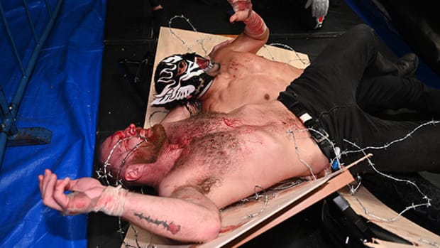 A bloody Jon Moxley during a deathmatch