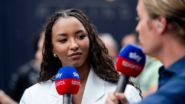 Sky Sports analyst Naomi Schiff speaks at the Spanish Grand Prix.