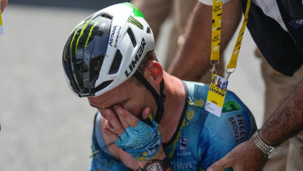 Cyclist Mark Cavendish after crashing on the eighth stage of the 2023 Tour de France.