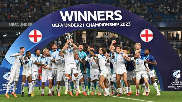 England's players pictured celebrating with their trophy after winning the 2023 UEFA European Under-21 Championship