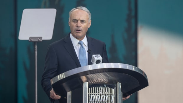 Jul 9, 2023; Seattle, Washington, USA; MLB commissioner Rob Manfred speaks during the first round of the MLB Draft at Lumen Field. Mandatory Credit: Stephen Brashear-USA TODAY Sports