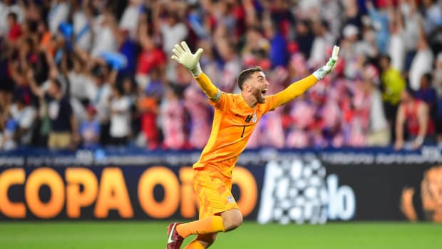 USMNT goalkeeper Matt Turner pictured celebrating after saving two penalty kicks in a shootout victory over Canada in the quarter-finals of the 2023 CONCACAF Gold Cup