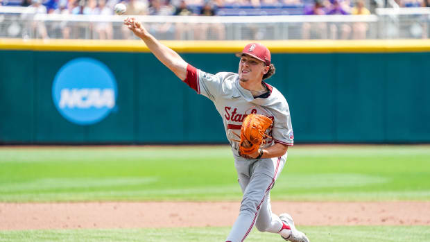 Jun 17, 2023; Omaha, NE, USA; Stanford Cardinal starting pitcher Joey Dixon (23) throws against the Wake Forest Deacons during the first inning at Charles Schwab Field Omaha. Mandatory Credit: Dylan Widger-USA TODAY Sports