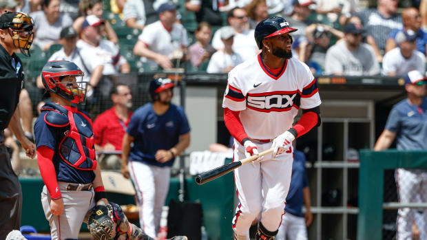 Jun 25, 2023; Chicago, Illinois, USA; Chicago White Sox center fielder Luis Robert Jr. (88) watches his two-run home run against the Boston Red Sox during the fourth inning at Guaranteed Rate Field.