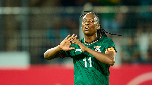 Barbra Banda pictured playing for the Zambia women's national team during a friendly match against Germany in July 2023