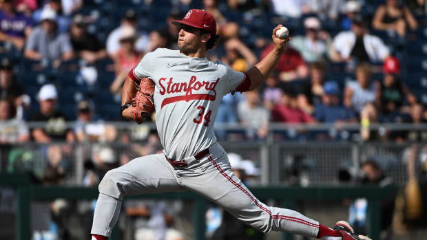 Jun 17, 2023; Omaha, NE, USA; Stanford Cardinal pitcher Ryan Bruno (34) throws against the Wake Forest Demon Deacons in the eighth inning at Charles Schwab Field Omaha. Mandatory Credit: Steven Branscombe-USA TODAY Sports