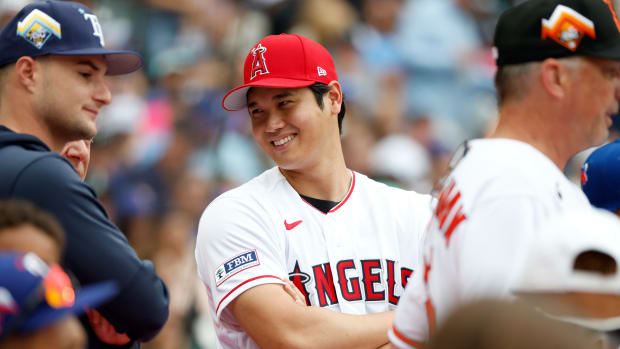 Jul 10, 2023; Seattle, Washington, USA; Los Angeles Angels player Shohei Ohtani during the All-Star Home Run Derby at T-Mobile Park.
