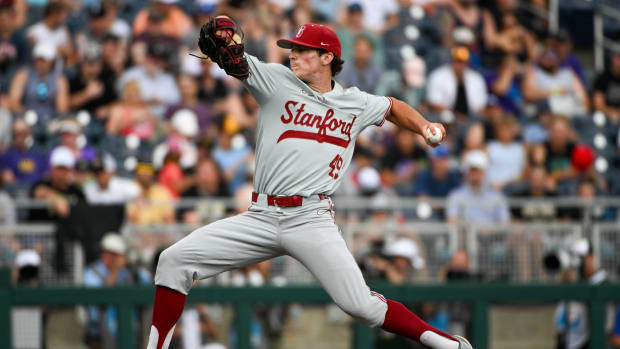 Jun 17, 2023; Omaha, NE, USA; Stanford Cardinal pitcher Drew Dowd (49) throws against the Wake Forest Demon Deacons in the fifth inning at Charles Schwab Field Omaha. Mandatory Credit: Steven Branscombe-USA TODAY Sports