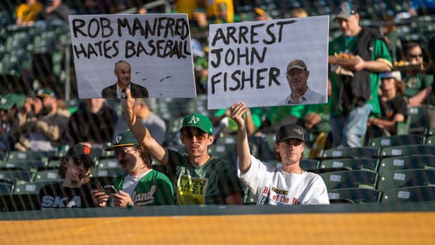 Jun 13, 2023; Oakland, California, USA; Protesters before the start of the game between Oakland Athletics and Tampa Bay Rays at Oakland-Alameda County Coliseum.