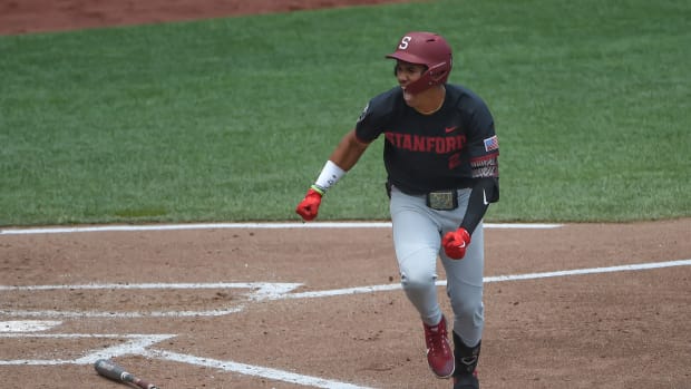 Jun 21, 2021; Omaha, Nebraska, USA; Stanford Cardinal infielder Drew Bowser (2) reacts with the bench after batting in two runs in the third inning against the Arizona Wildcats at TD Ameritrade Park. Mandatory Credit: Steven Branscombe-USA TODAY Sports