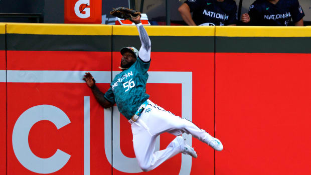 Jul 11, 2023; Seattle, Washington, USA; American League left fielder Randy Arozarena of the Tampa Bay Rays (56) makes a catch for an out against the National League during the first inning of the 2023 MLB All Star Game at T-Mobile Park.