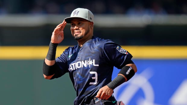 Jul 11, 2023; Seattle, Washington, USA; National League second baseman Luis Arraez of the Miami Marlins (3) takes the field before the game at T-Mobile Park.