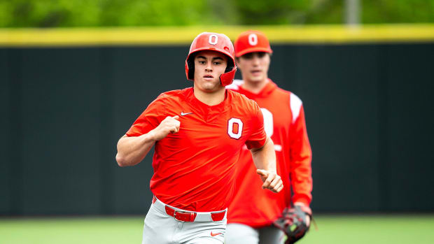 Ohio State's Kade Kern warms up before a NCAA Big Ten Conference baseball game against Iowa, Friday, May 5, 2023, at Duane Banks Field in Iowa City, Iowa.