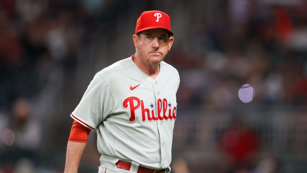 May 26, 2023; Atlanta, Georgia, USA; Philadelphia Phillies manager Rob Thomson (59) makes a pitching change against the Atlanta Braves in the seventh inning at Truist Park.