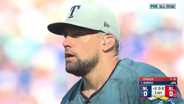 Nathan Eovaldi wearing an earpiece during the All-Star Game