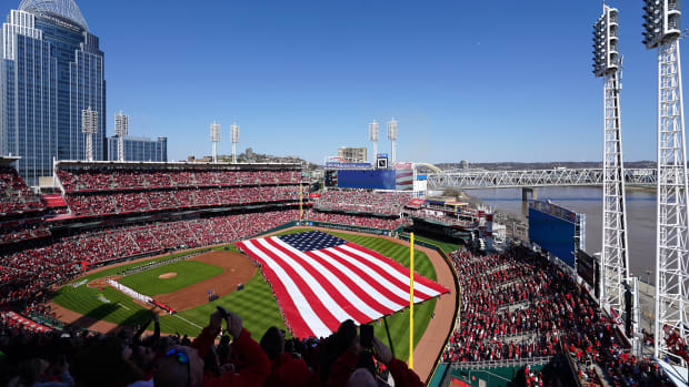 F-16 U.S. Air Force fighter jets fly over Great American Ball Park during the national anthem prior to a baseball game between the Pittsburgh Pirates and the Cincinnati Reds on Opening Day, Thursday, March 30, 2023, at Great American Ball Park in Cincinnati.