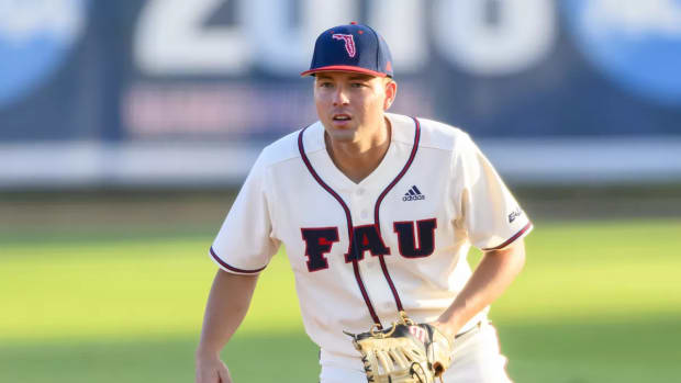 Florida Atlantic’s Nolan Schanuel during a game in Boca Raton, Fla. The Angels selected Schanuel as the No. 11 pick in Sunday’s MLB draft.