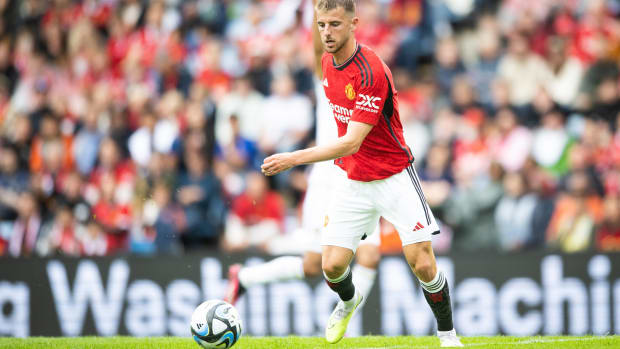 Mason Mount pictured in July 2023 playing for Manchester United in a pre-season friendly against Leeds