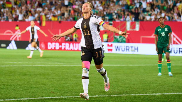 Germany's Alexandra Popp celebrates her goal in a friendly against Zambia.