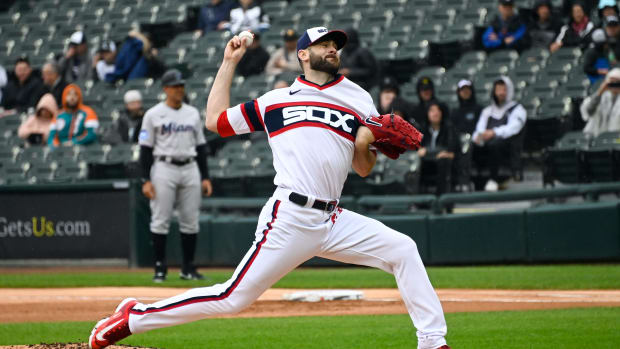 Jun 11, 2023; Chicago, Illinois, USA; Chicago White Sox starting pitcher Lucas Giolito (27) delivers against the Miami Marlins during the first inning at Guaranteed Rate Field.