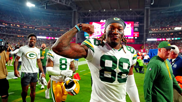 Green Bay Packers wide receiver Juwann Winfree (88) celebrates after the Green Bay Packers beat the Arizona Cardinals at State Farm Stadium.