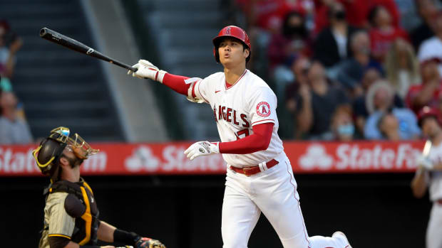 Shohei Ohtani reacts to an at-bat against the Padres.