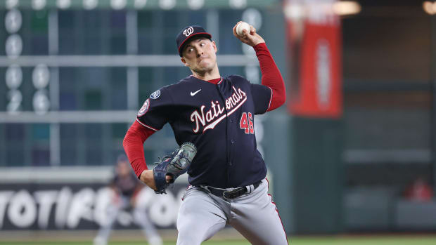 Jun 13, 2023; Houston, Texas, USA; Washington Nationals starting pitcher Patrick Corbin (46) delivers a pitch during the first inning against the Houston Astros at Minute Maid Park.