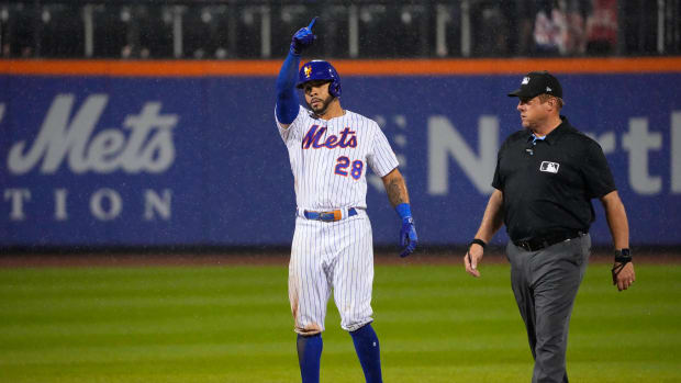 New York Mets left fielder Tommy Pham reacts to hitting a double against the SF Giants during the eighth inning at Citi Field. (2023)