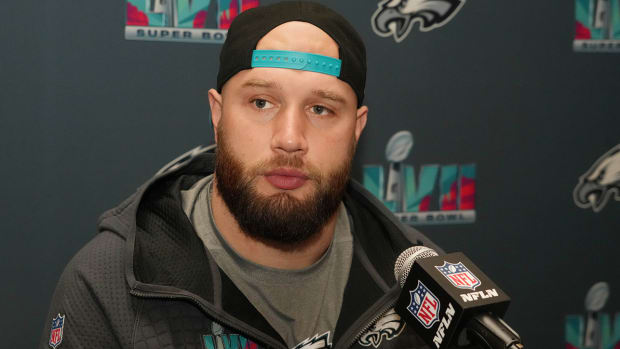 Eagles offensive tackle Lane Johnson during a press conference at the Sheraton Grand before Super Bowl LVII against the Chiefs.