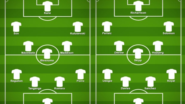 A graphic showing two Tottenham XIs from an interclub game during a training session in July 2023