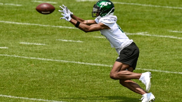 May 23, 2023; Florham Park, NJ, USA; New York Jets wide receiver Garrett Wilson (17) catches a pass during OTA s at Atlantic Health Jets Training Center.