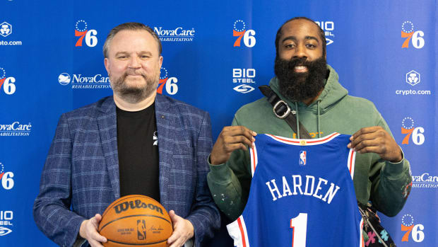 Feb 15, 2022; Camden, NJ, USA; Philadelphia 76ers guard James Harden (1) and president of basketball operations Daryl Morey (L) pose for a photo after speaking with the media at Philadelphia 76ers Training Complex. Mandatory Credit: Bill Streicher-USA TODAY Sports