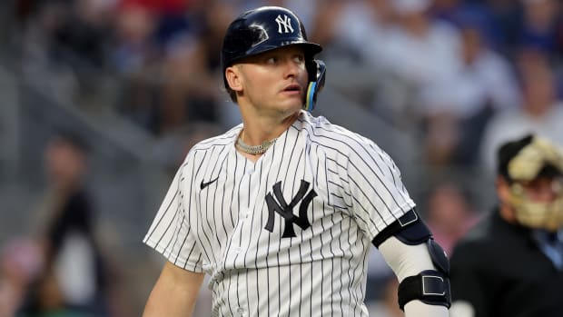 Yankees third baseman Josh Donaldson reacts after striking out
