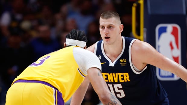 Nuggets center Nikola Jokic guards Lakers forward Anthony Davis during the 2023 Western Conference Finals.