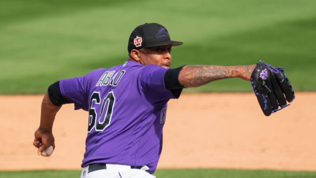 Mar 10, 2023; Salt River Pima-Maricopa, Arizona, USA; Colorado Rockies pitcher Fernando Abad (60) on the mound in the ninth inning during a spring training game against the San Francisco Giants at Salt River Fields at Talking Stick.