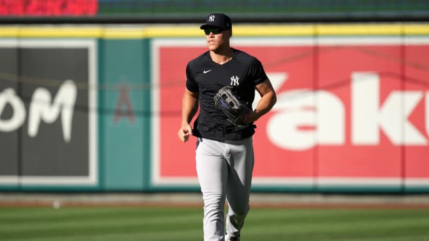 Jul 18, 2023; Anaheim, California, USA; New York Yankees right fielder Aaron Judge runs before the game against the Los Angeles Angels at Angel Stadium.