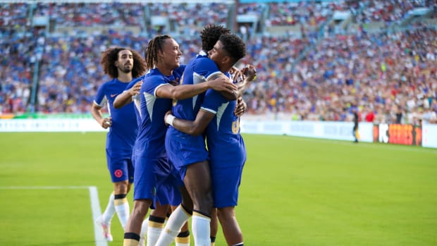 Chelsea players pictured celebrating a goal during their 5-0 win over Wrexham in a pre-season friendly in July 2023