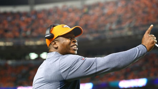 Denver Broncos head coach Vance Joseph reacts against the Los Angeles Chargers at Sports Authority Field at Mile High.