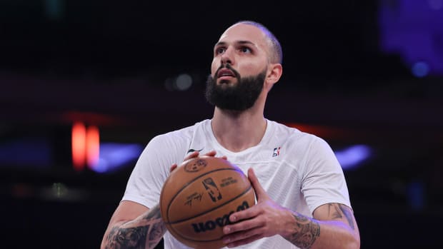 Jan 16, 2023; New York, New York, USA; New York Knicks guard Evan Fournier (13) warms up before the game against the Toronto Raptors at Madison Square Garden. Mandatory Credit: Vincent Carchietta-USA TODAY Sports