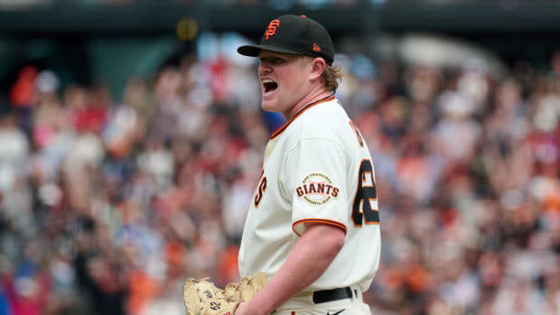 SF Giants pitcher Logan Webb (62) reacts after the final out of his first career complete game shutout (2023).