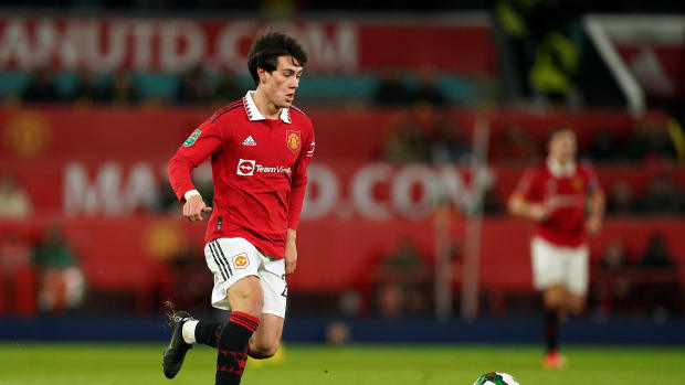 Facundo Pellistri pictured during his Manchester United debut in January 2023 in an EFL Cup game against Charlton