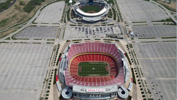 Apr 26, 2023; Kansas City, MO, USA; A general overall aerial view of Arrowhead Stadium (bottom) and Kauffman Stadium at the Truman Sports Complex. Mandatory Credit: Kirby Lee-USA TODAY Sports