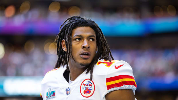 Feb 12, 2023; Glendale, Arizona, US; Kansas City Chiefs running back Isiah Pacheco (10) against the Philadelphia Eagles during Super Bowl LVII at State Farm Stadium. Mandatory Credit: Mark J. Rebilas-USA TODAY Sports