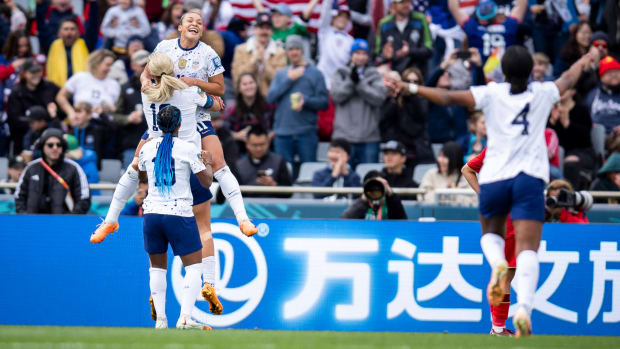 United States forward SOPHIA SMITH celebrates her goal in the first half of the 2023 FIFA Womens World Cup Group E match against Vietnam.