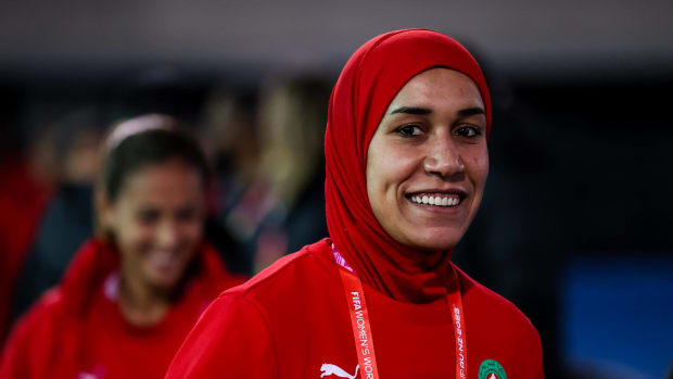Morocco defender Nouhaila Benzina pictured during a training session at the 2023 FIFA Women's World Cup