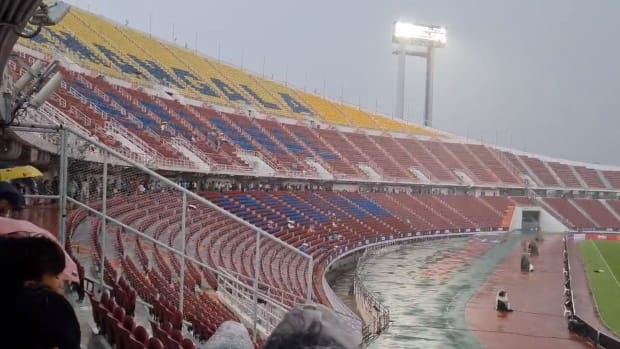 An image from inside Thailand's Rajamangala National Stadium taken before a pre-season game between Leicester City and Tottenham was cancelled in July 2023 due to a waterlogged pitch