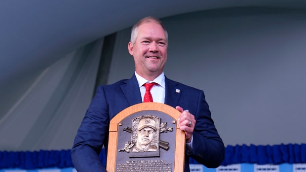 Jul 23, 2023; Cooperstown, NY, USA; Hall of Fame inductee Scott Rolen poses for a photo with his Baseball Hall of Fame plaque.