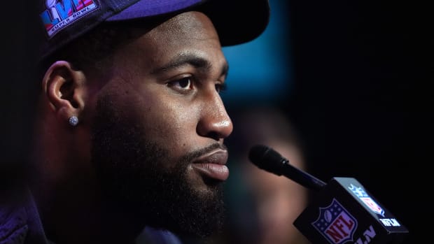 Philadelphia Eagles linebacker Haason Reddick speaks to the media at the Footprint Center in downtown Phoenix during the NFL's Super Bowl opening night on Feb. 6, 2023.