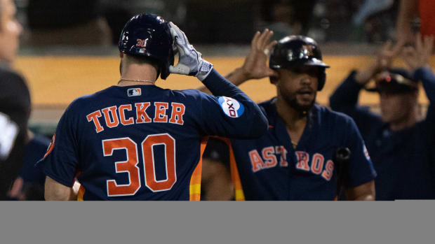 Jul 21, 2023; Oakland, California, USA; Houston Astros right fielder Kyle Tucker (30) celebrates with first baseman Jose Abreu (79) after hitting a home run during the seventh inning against the Oakland Athletics at Oakland-Alameda County Coliseum. Mandatory Credit: Stan Szeto-USA TODAY Sports