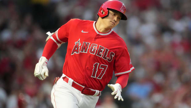 Los Angeles Angels designated hitter Shohei Ohtani rounds the bases on a triple in the fifth inning against the New York Yankees. (2023)